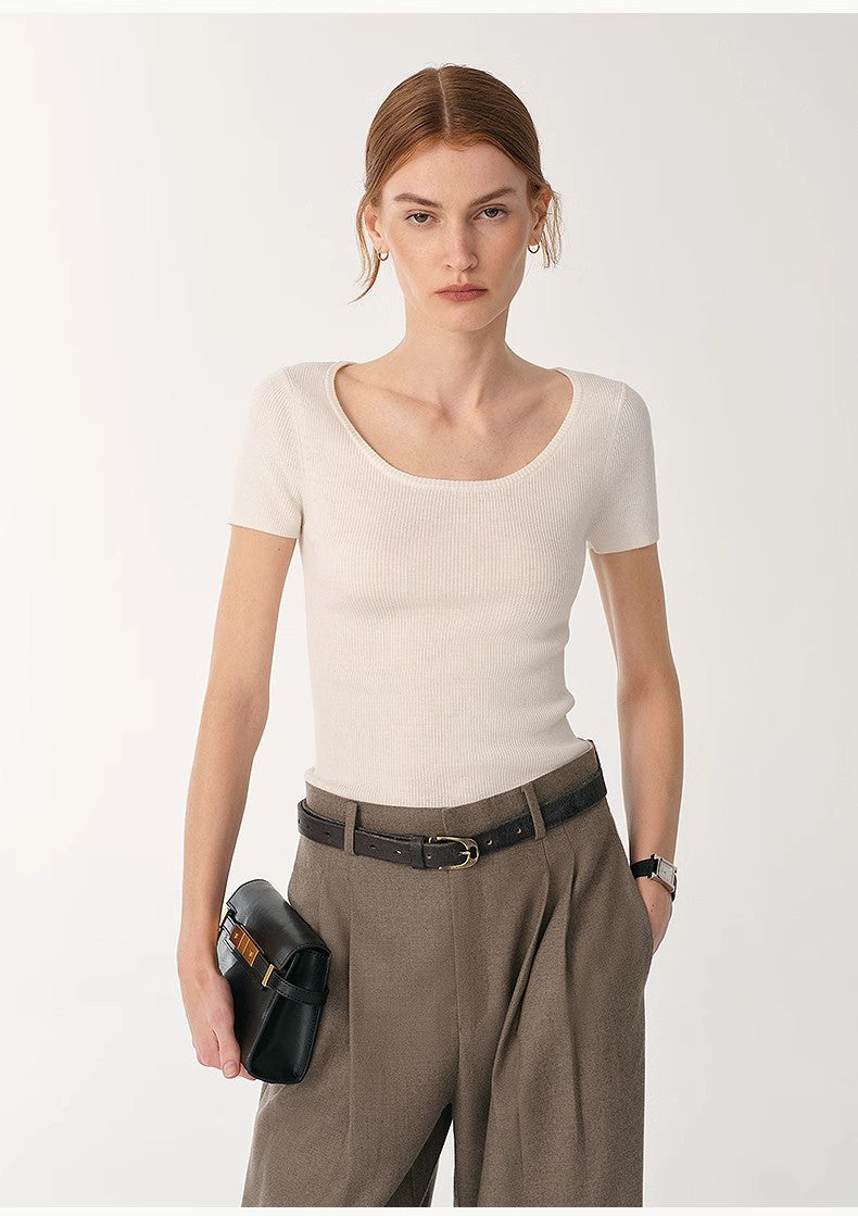 German Yangtze Machine Washable Wool Round Neck Slim Short Sleeve Top for Women