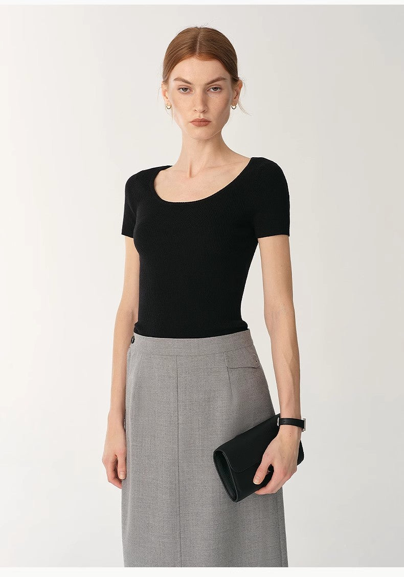 German Yangtze Machine Washable Wool Round Neck Slim Short Sleeve Top for Women