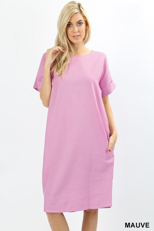 Boxy Linen Short Sleeve Cuff Pocket Dress