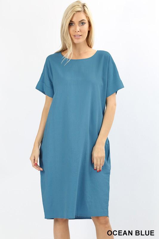 Boxy Linen Short Sleeve Cuff Pocket Dress