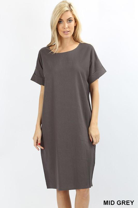 Boxy Linen Short Sleeve Cuff Pocket Dress