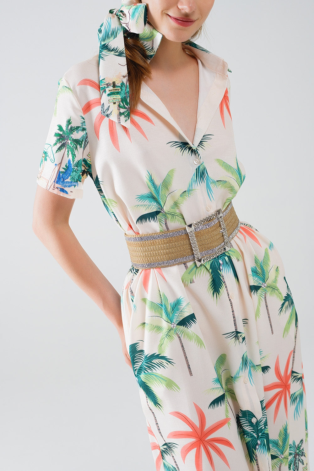 Cream Midi Dress With Beach Print and Polo Collar
