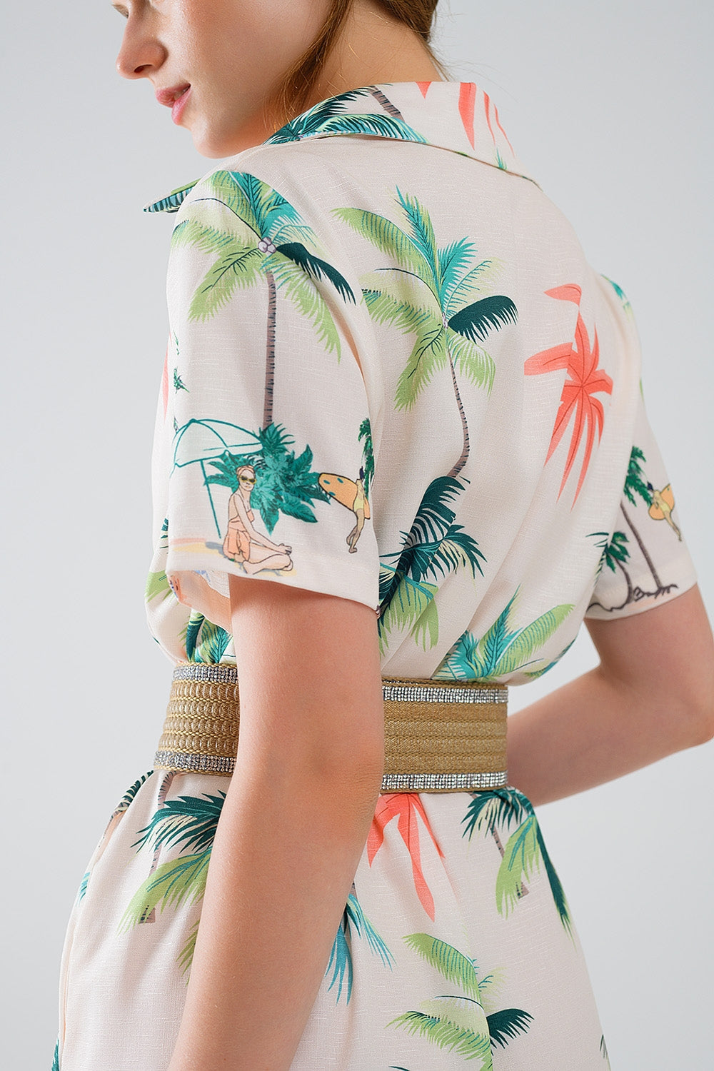 Cream Midi Dress With Beach Print and Polo Collar