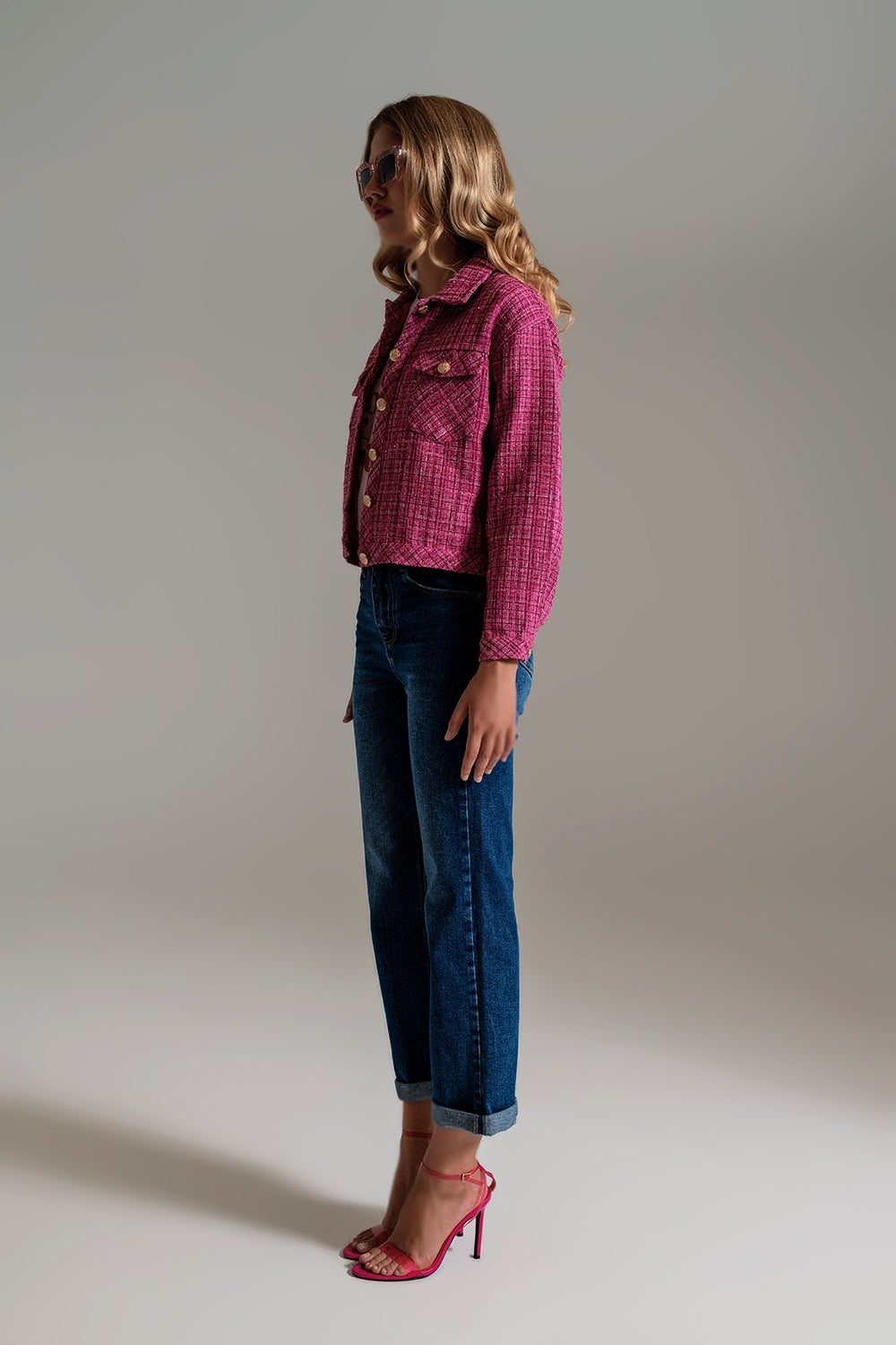 Cropped Tweed Jacket With Chest Pockets in Pink