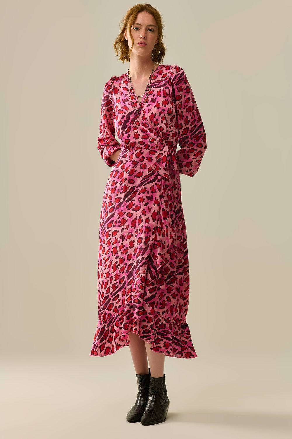 Maxi Wrap Dress in Satin Fuchsia Leopard Print