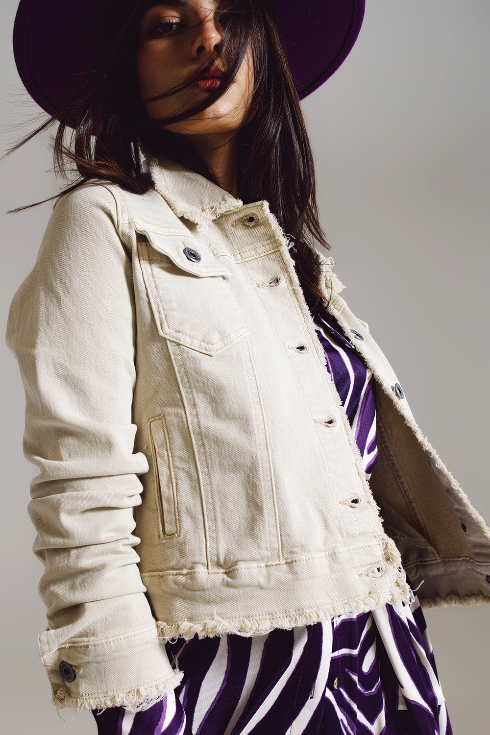 Raw Edge Denim Jacket in Beige