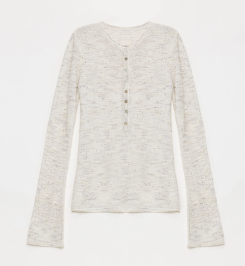 Fashionable Cotton and Linen Beaded Fancy Yarn Waisted Bell Sleeves Round Neck Cardigan Knitted Top"Perry Moonlight"