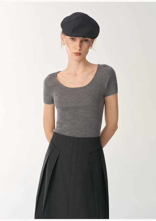 German Yangtze Machine Washable Wool Round Neck Slim Short Sleeve Top for Women