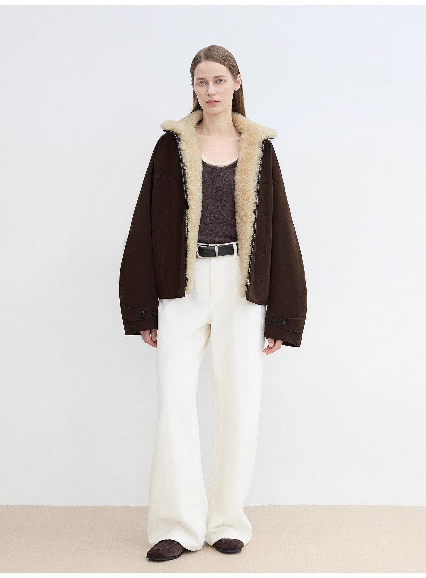 "Rebellious Escape" Detachable Contrasting Color Shearling Fur Collar Down Short Parka