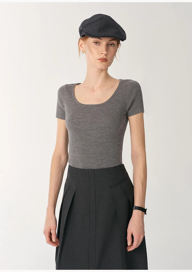 German Yangtze Machine Washable Wool Round Neck Slim Short Sleeve Top for Women