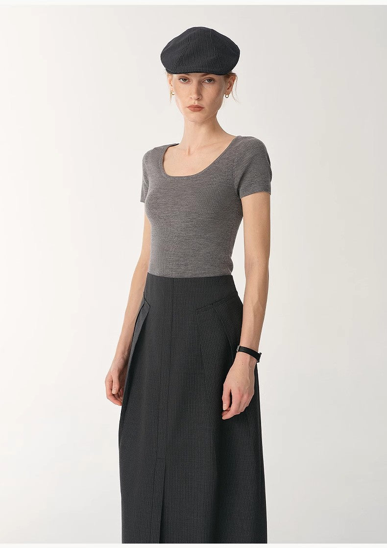German Yangtze Machine Washable Wool Round Neck Slim Short Sleeve Top for Women