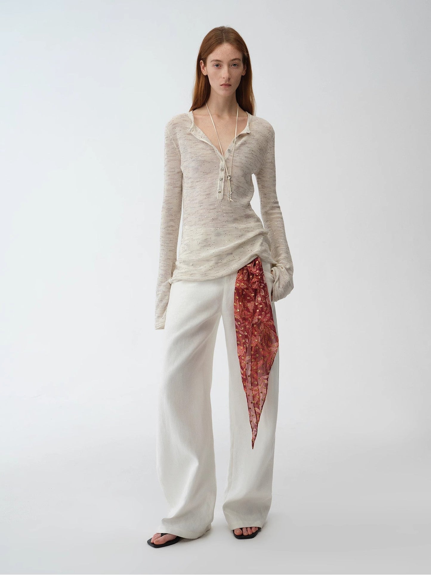 Fashionable Cotton and Linen Beaded Fancy Yarn Waisted Bell Sleeves Round Neck Cardigan Knitted Top"Perry Moonlight"