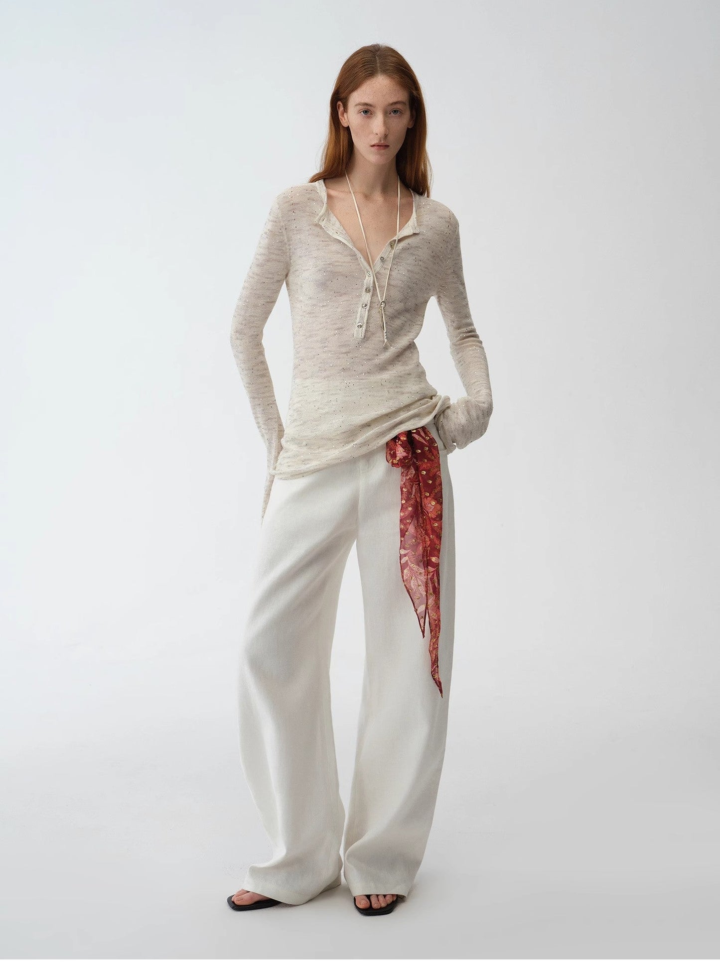 Fashionable Cotton and Linen Beaded Fancy Yarn Waisted Bell Sleeves Round Neck Cardigan Knitted Top"Perry Moonlight"