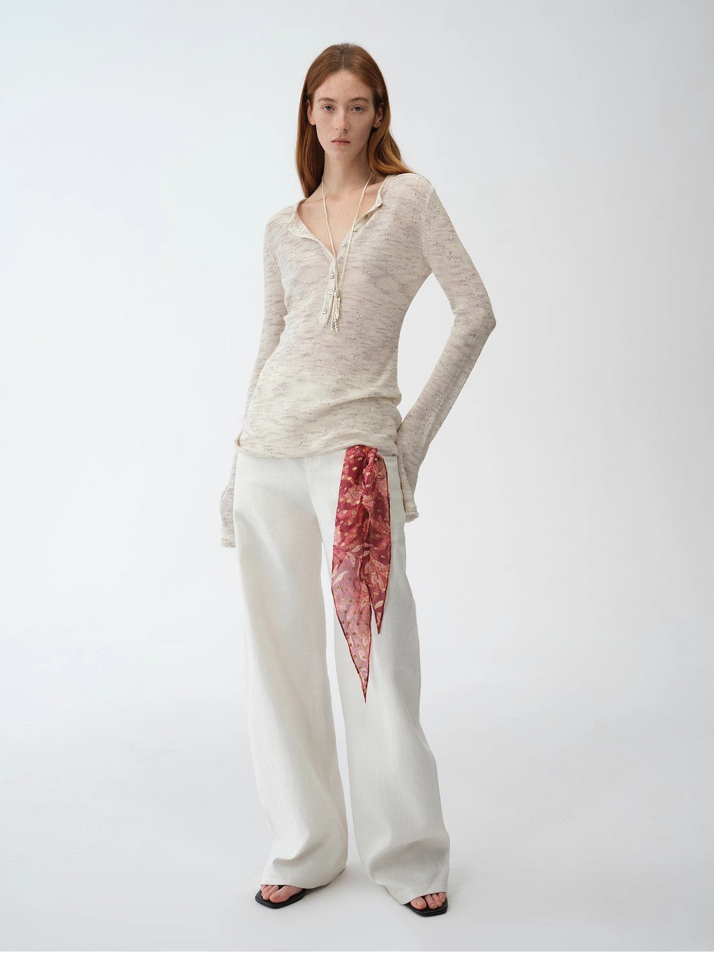 Fashionable Cotton and Linen Beaded Fancy Yarn Waisted Bell Sleeves Round Neck Cardigan Knitted Top"Perry Moonlight"