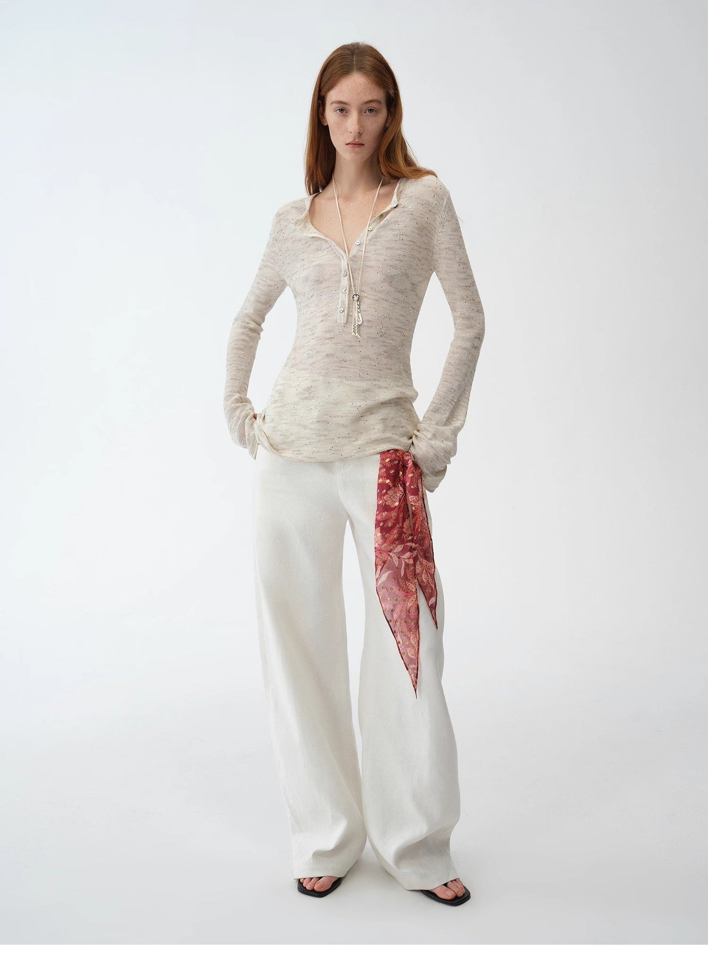 Fashionable Cotton and Linen Beaded Fancy Yarn Waisted Bell Sleeves Round Neck Cardigan Knitted Top"Perry Moonlight"
