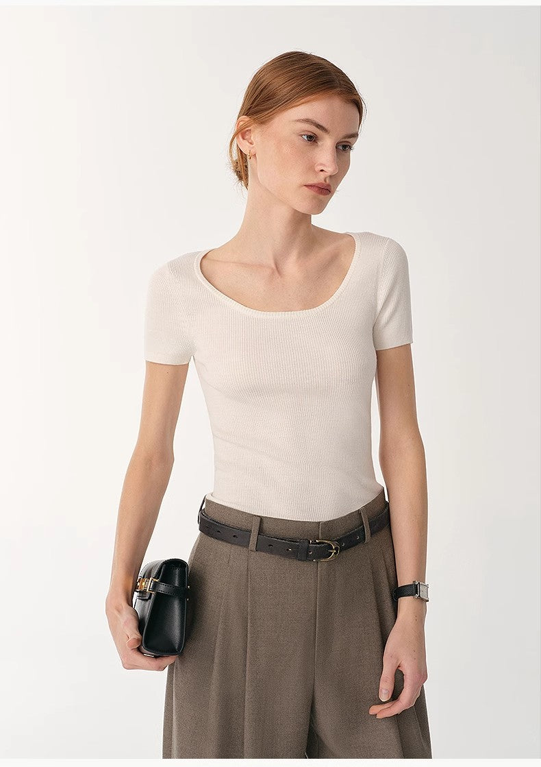 German Yangtze Machine Washable Wool Round Neck Slim Short Sleeve Top for Women