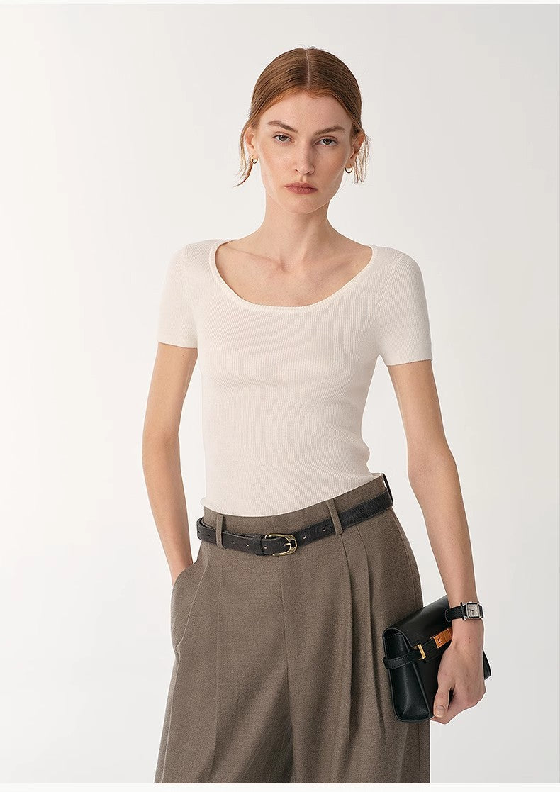 German Yangtze Machine Washable Wool Round Neck Slim Short Sleeve Top for Women