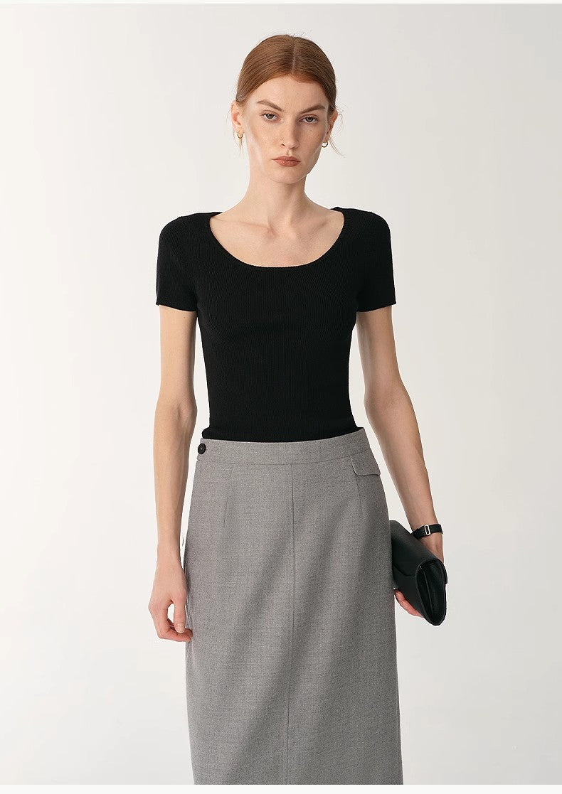 German Yangtze Machine Washable Wool Round Neck Slim Short Sleeve Top for Women