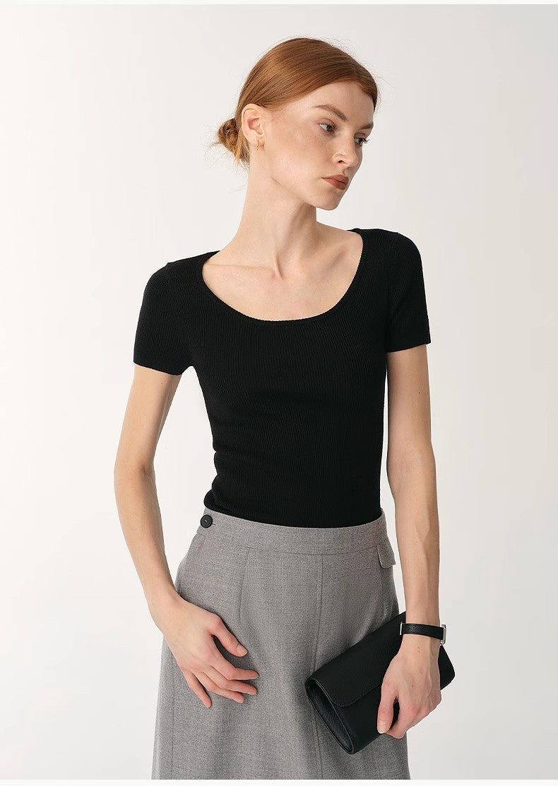 German Yangtze Machine Washable Wool Round Neck Slim Short Sleeve Top for Women