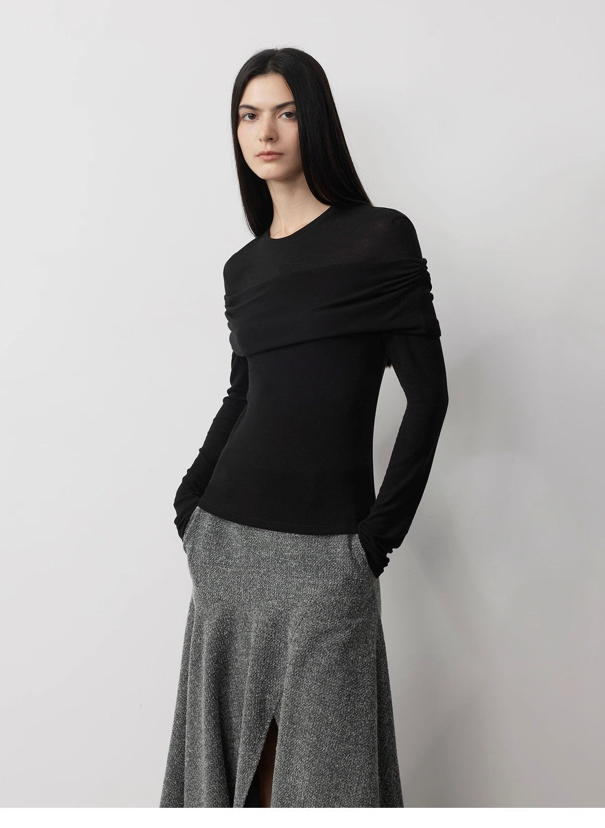 Personalized Layered Tencel Wool Fake Two-Piece Splicing One-Shoulder Versatile Knitted Top"Modern Tricks"