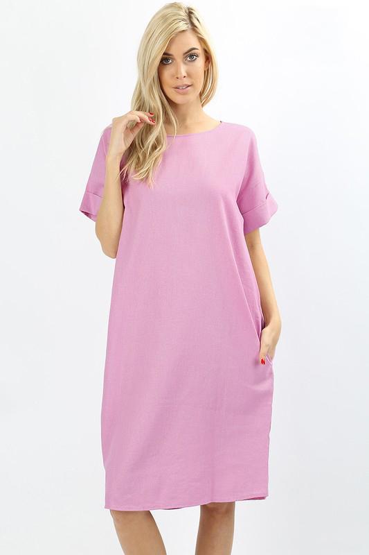 Boxy Linen Short Sleeve Cuff Pocket Dress