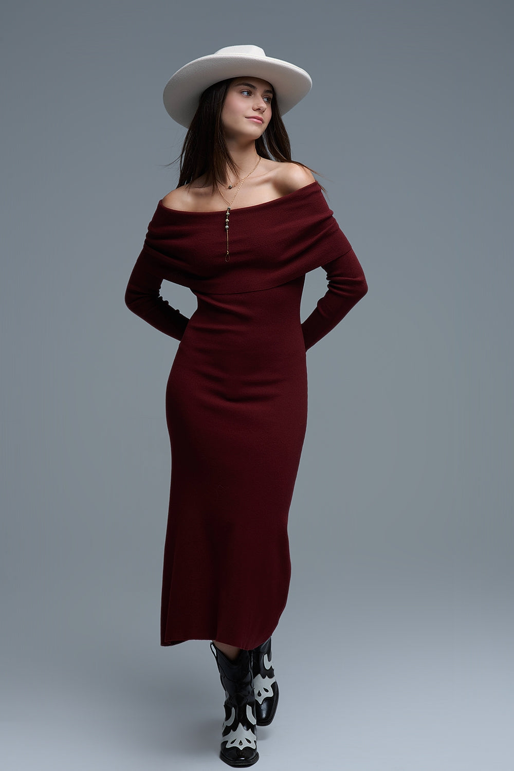 Maxi Knitted Wide Bardot Dress in Burgundy