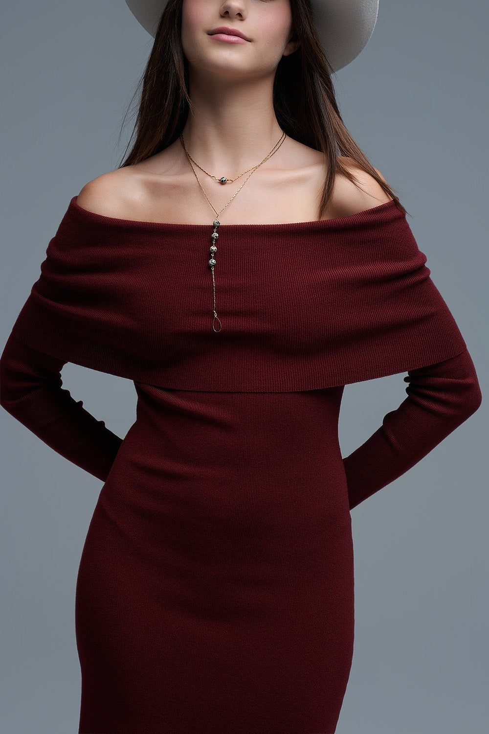 Maxi Knitted Wide Bardot Dress in Burgundy