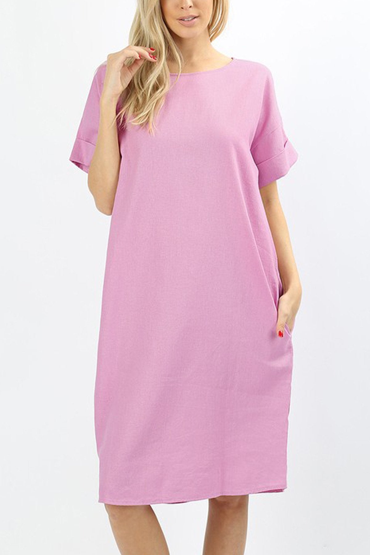 Boxy Linen Short Sleeve Cuff Pocket Dress