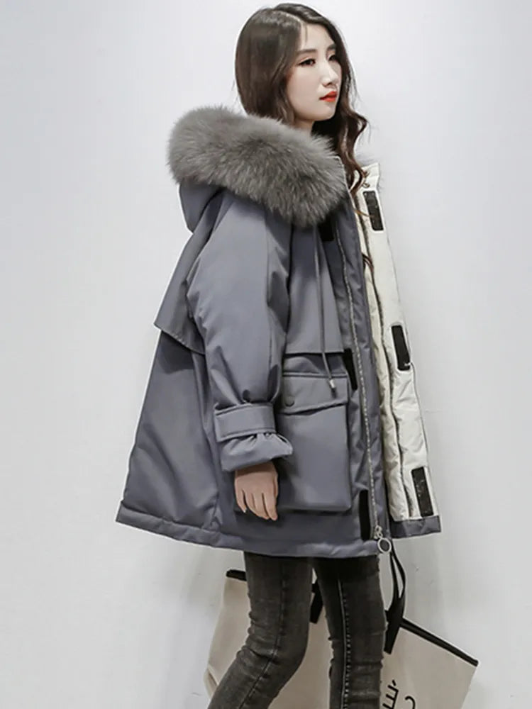 Natural Fox Fur Hooded Winter Jacket