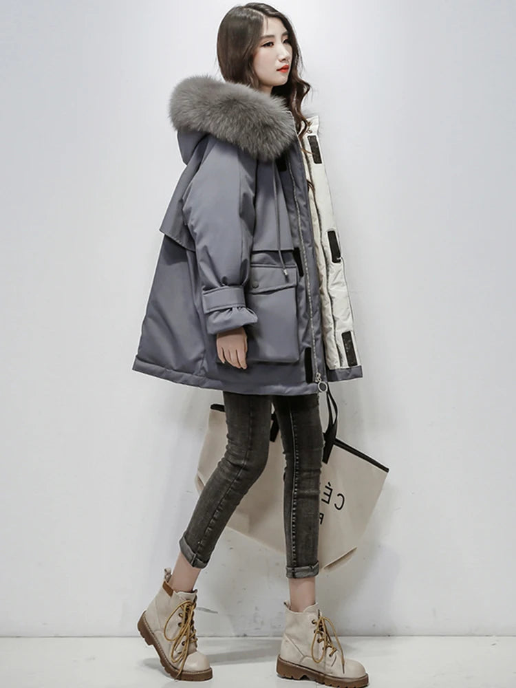 Natural Fox Fur Hooded Winter Jacket