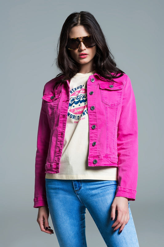 Basic Denim Jacket With Pockets in Pink