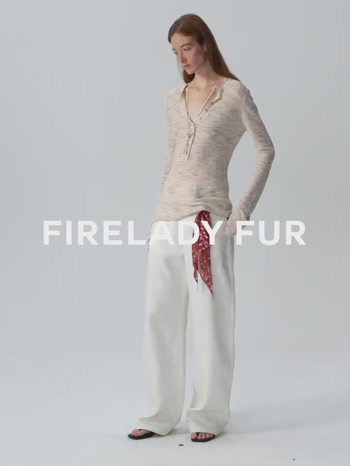 Fashionable Cotton and Linen Beaded Fancy Yarn Waisted Bell Sleeves Round Neck Cardigan Knitted Top"Perry Moonlight"