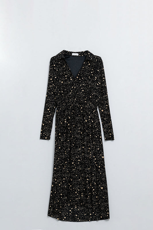 Black Dress in Mesh Fabric With Star Print