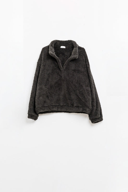 Black Fluffy V-Neck Sweater