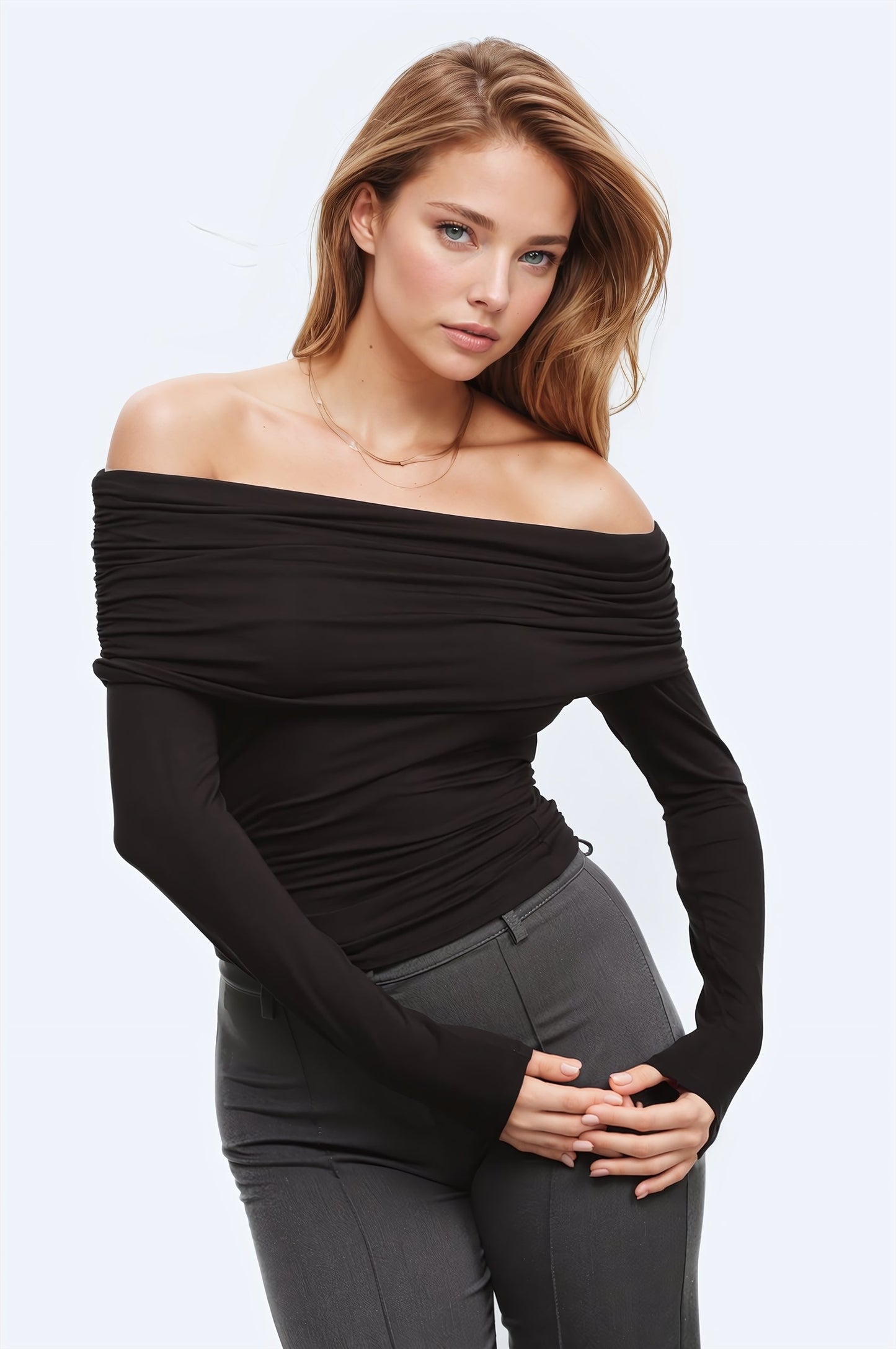 Bodycon Off Shoulder Viscose Top in Black