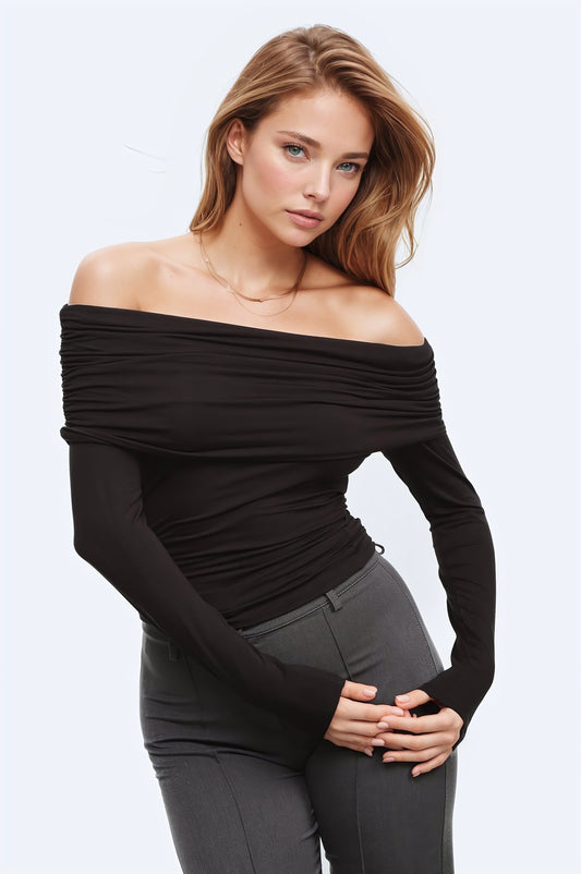 Bodycon Off Shoulder Viscose Top in Black