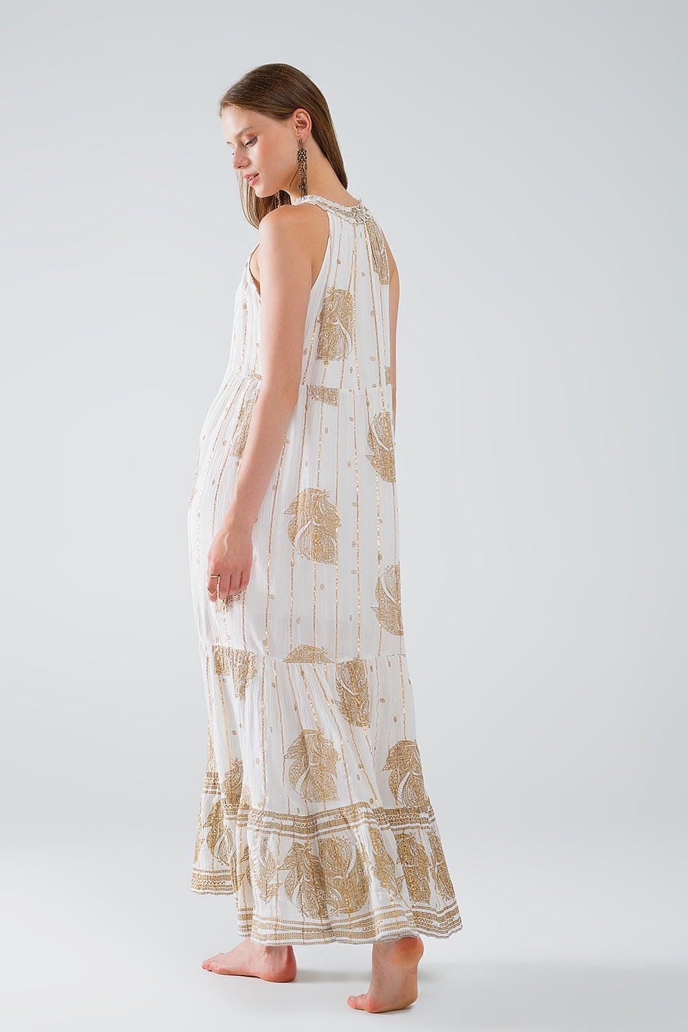 Boho Maxi Chiffon Dress With Gold Flower Print