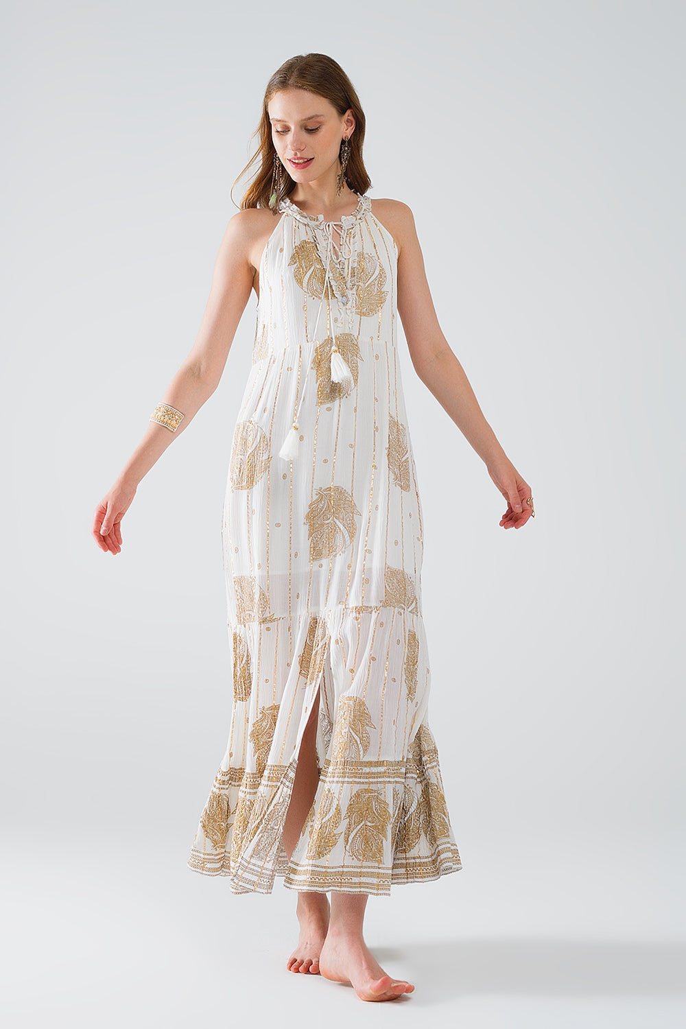 Boho Maxi Chiffon Dress With Gold Flower Print
