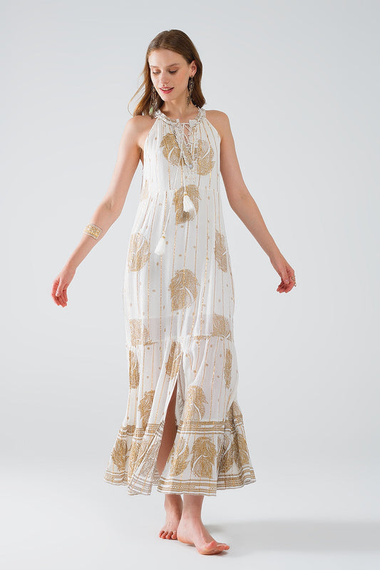 Boho Maxi Chiffon Dress With Gold Flower Print