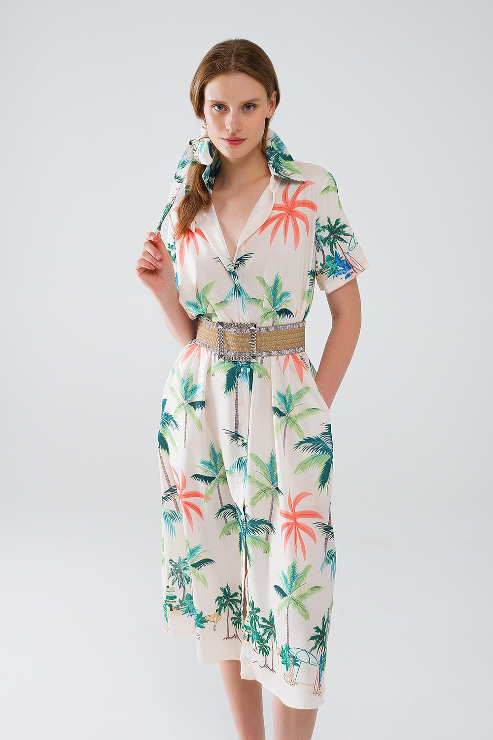 Cream Midi Dress With Beach Print and Polo Collar