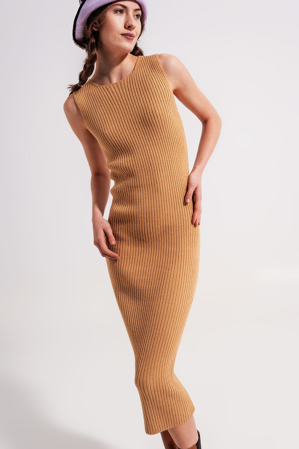Crew Neck Ribbed Midi Dress in Beige