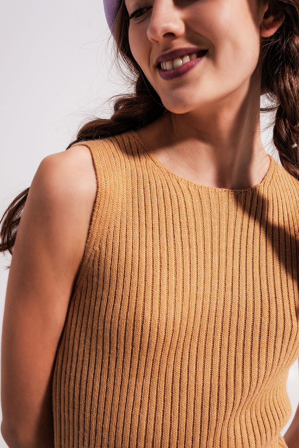 Crew Neck Ribbed Midi Dress in Beige