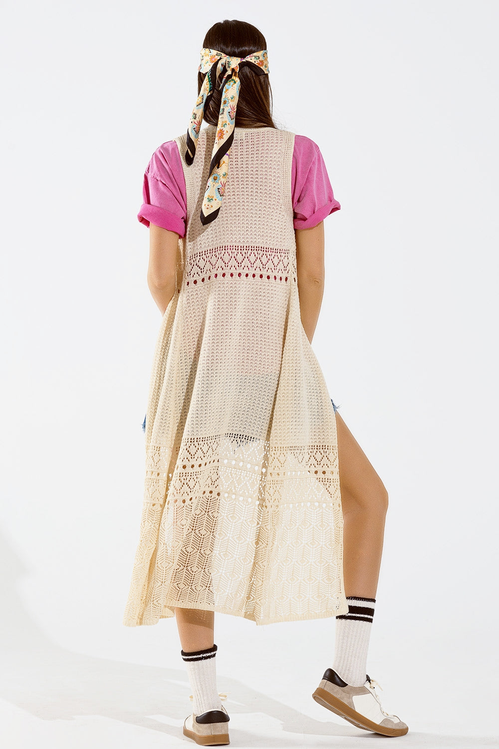 Crochet Maxi Vest With Button Closure in Beige