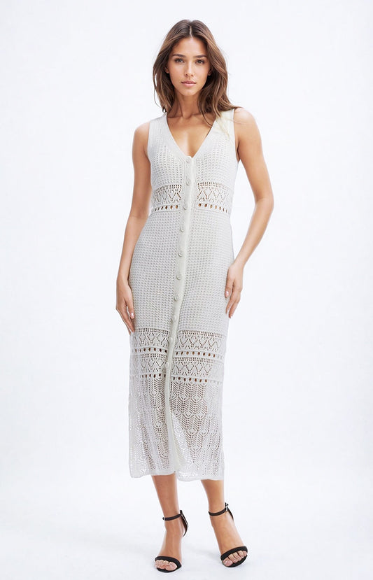 Crochet Maxi Vest With Button Closure in White