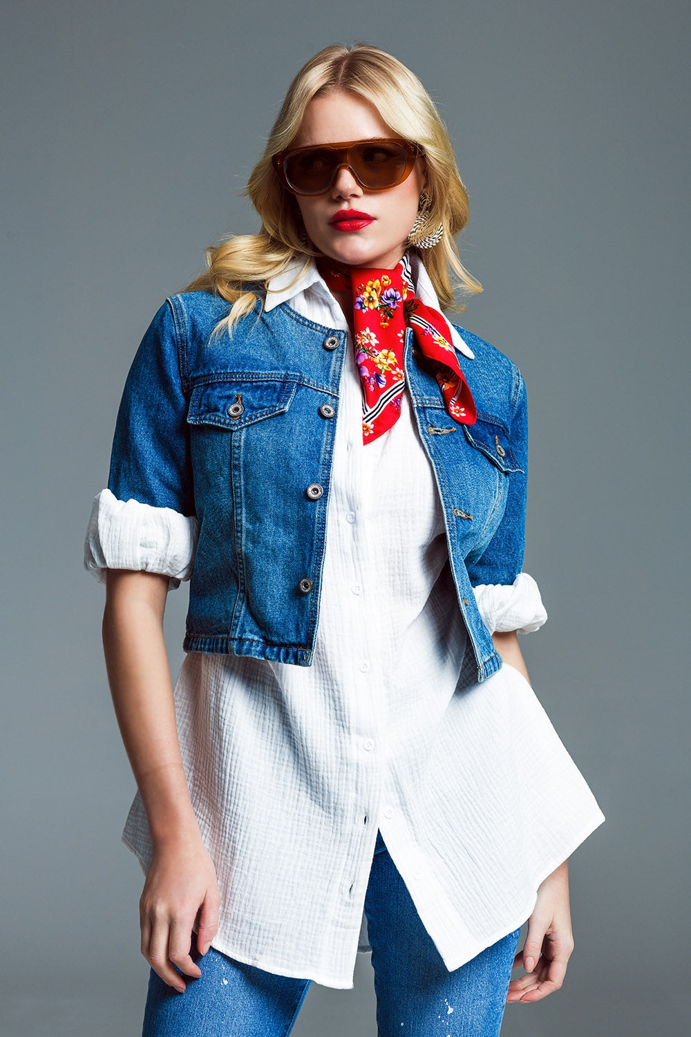 Cropped Denim Jacket CH Style in Mid Wash