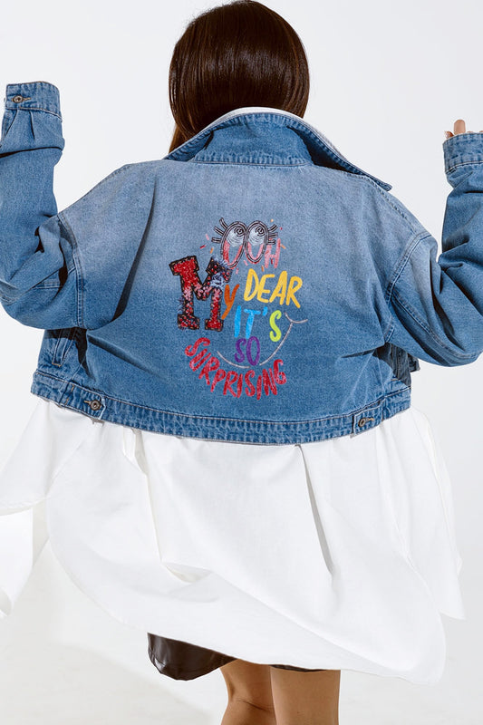Cropped Denim Jacket With Zipper Closure and Hand Painted Print at the  Back