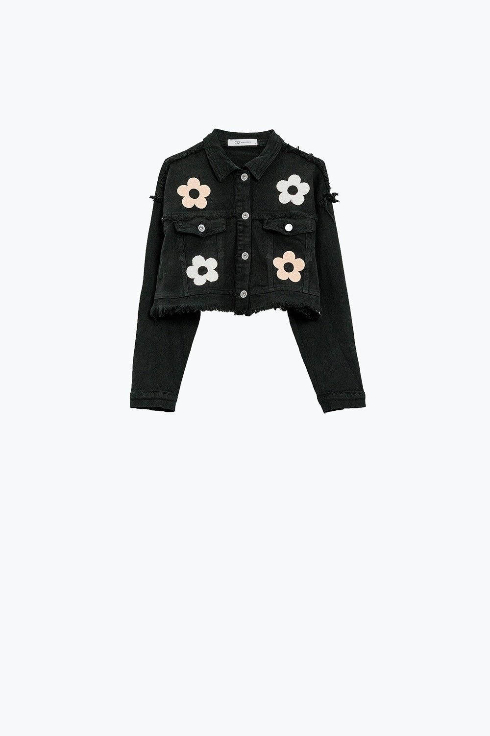 Cropped Jacket With Chest Pockets and Flower Details in Black