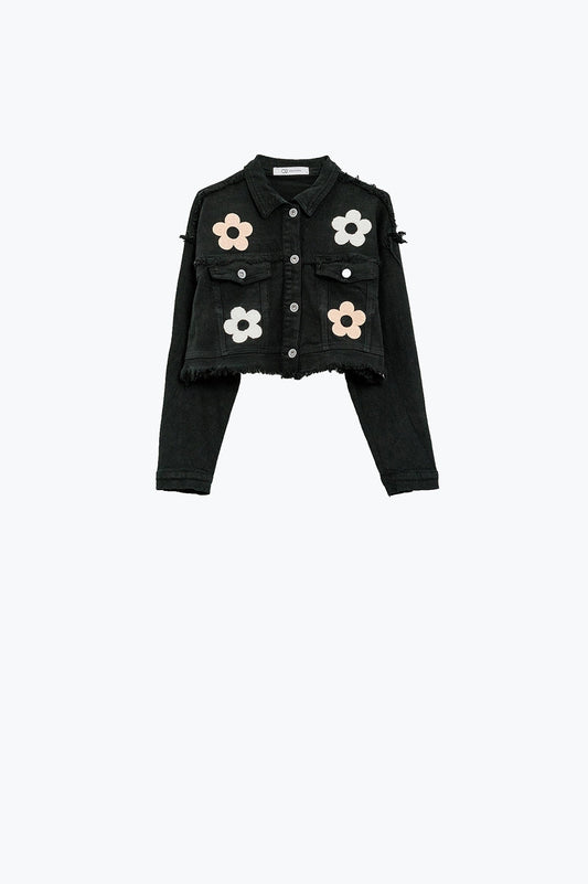 Cropped Jacket With Chest Pockets and Flower Details in Black