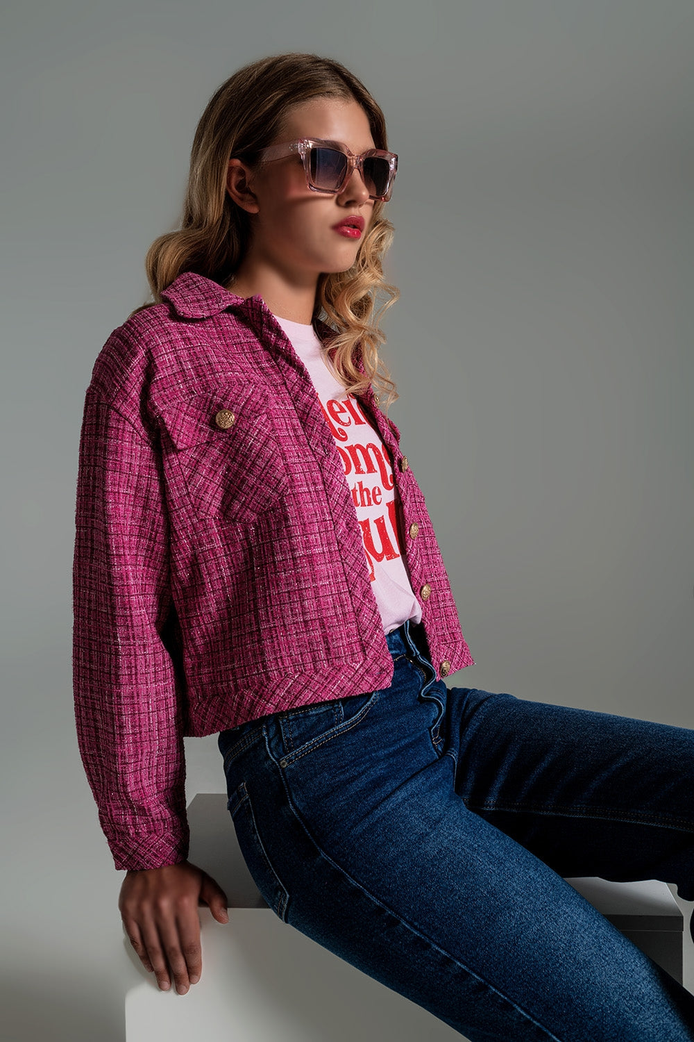 Cropped Tweed Jacket With Chest Pockets in Pink