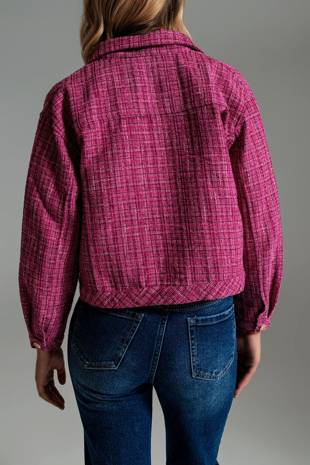 Cropped Tweed Jacket With Chest Pockets in Pink